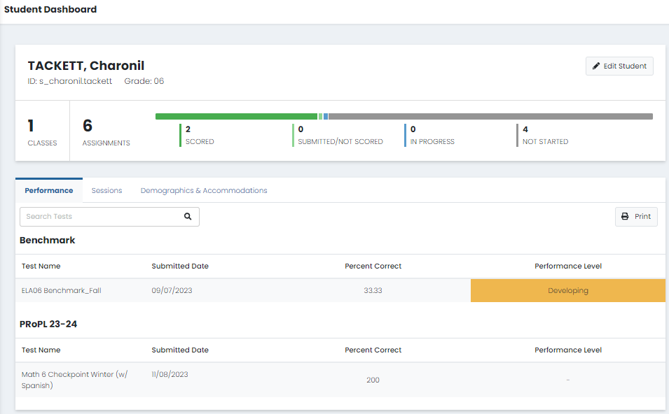 Sample Student Dashboard Performance View