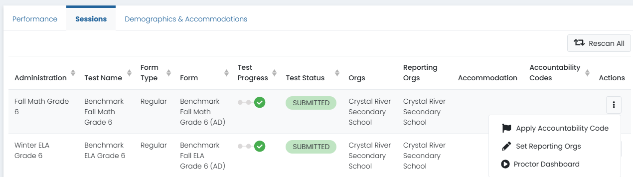 Sample Student Dashboard Sessions View