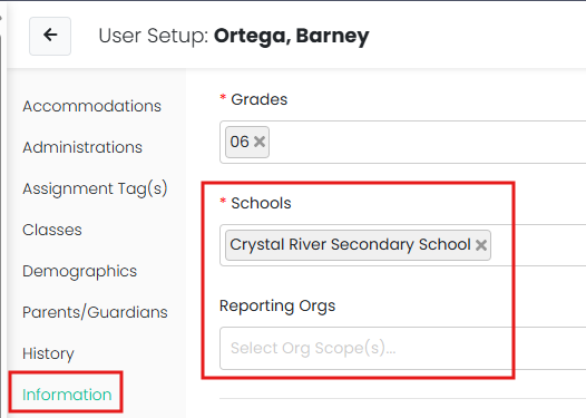 Schools and Reporting Orgs fields highlighted.