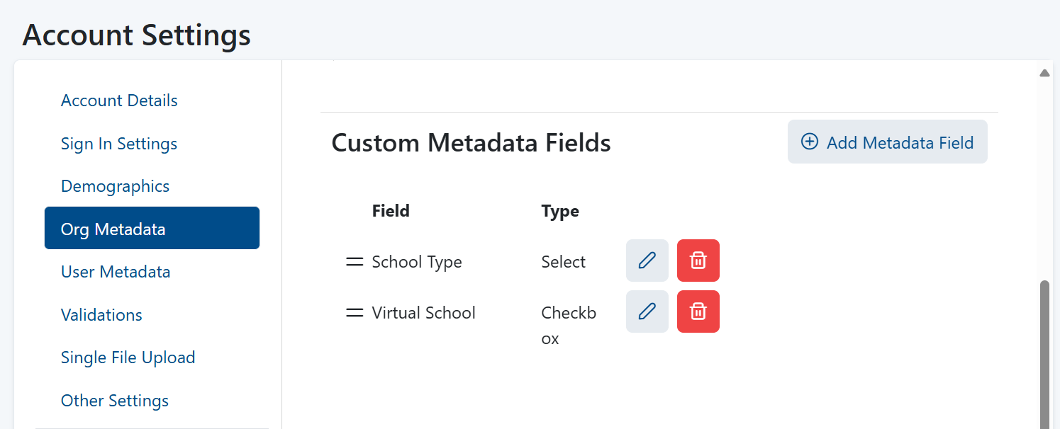 Sample custom metadata options