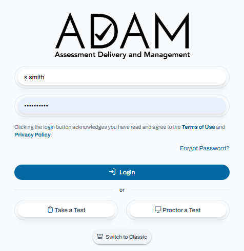ADAM login page with username and password fields, Login button, and options to take or proctor a test.