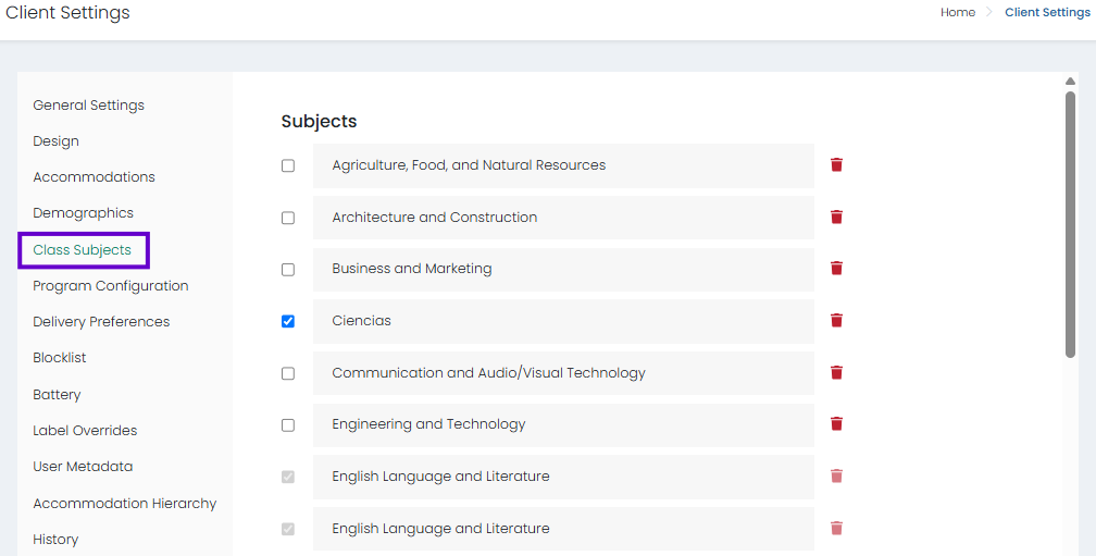 Class Subjects section selected; manage available subjects, search subjects, and add custom subject entries.