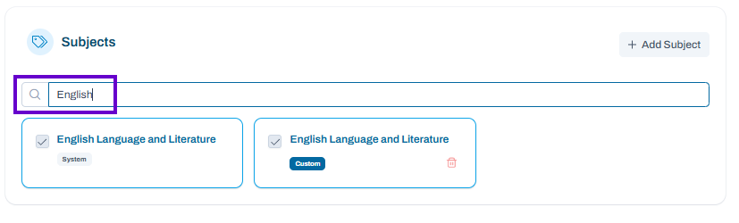 Subjects page filtered for “English,” showing matching system and custom subject entries.