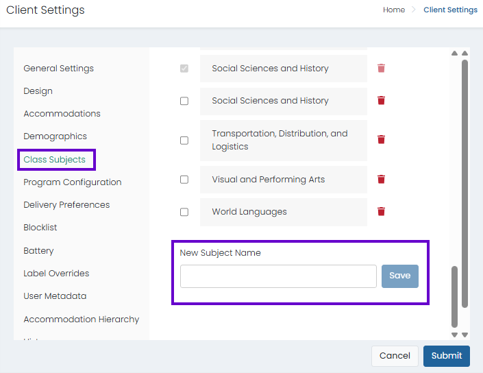 Add Subject dialog open; enter a subject name and save to create a custom subject.