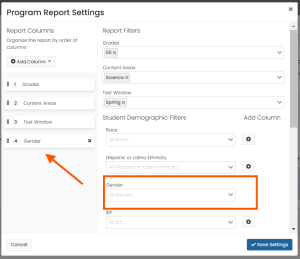 Program report settings popup with various filter options.