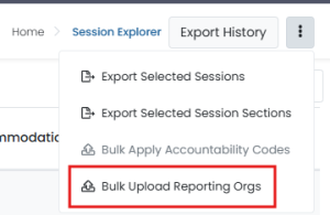 Bulk upload reporting orgs option highlighted in actions dropdown.