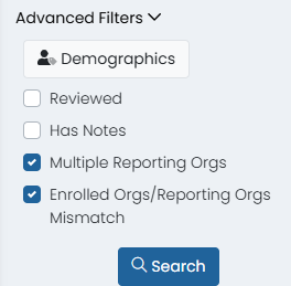 Filter options, Multiple Reporting Orgs and Enrolled Orgs/Reporting Orgs Mismatch highlighted.