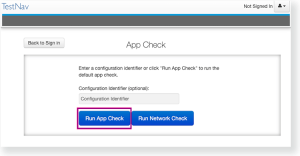 TestNav menu in top right corner showing App Check selected.