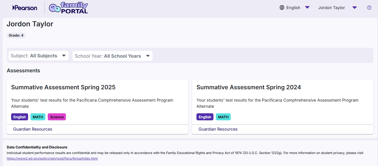 Sample Family Portal landing page