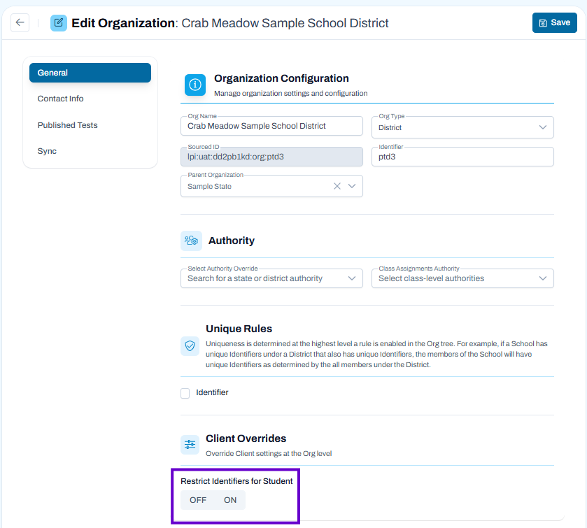 Org configuration form with organization details filled and student identifier restriction setting visible with toggle option.